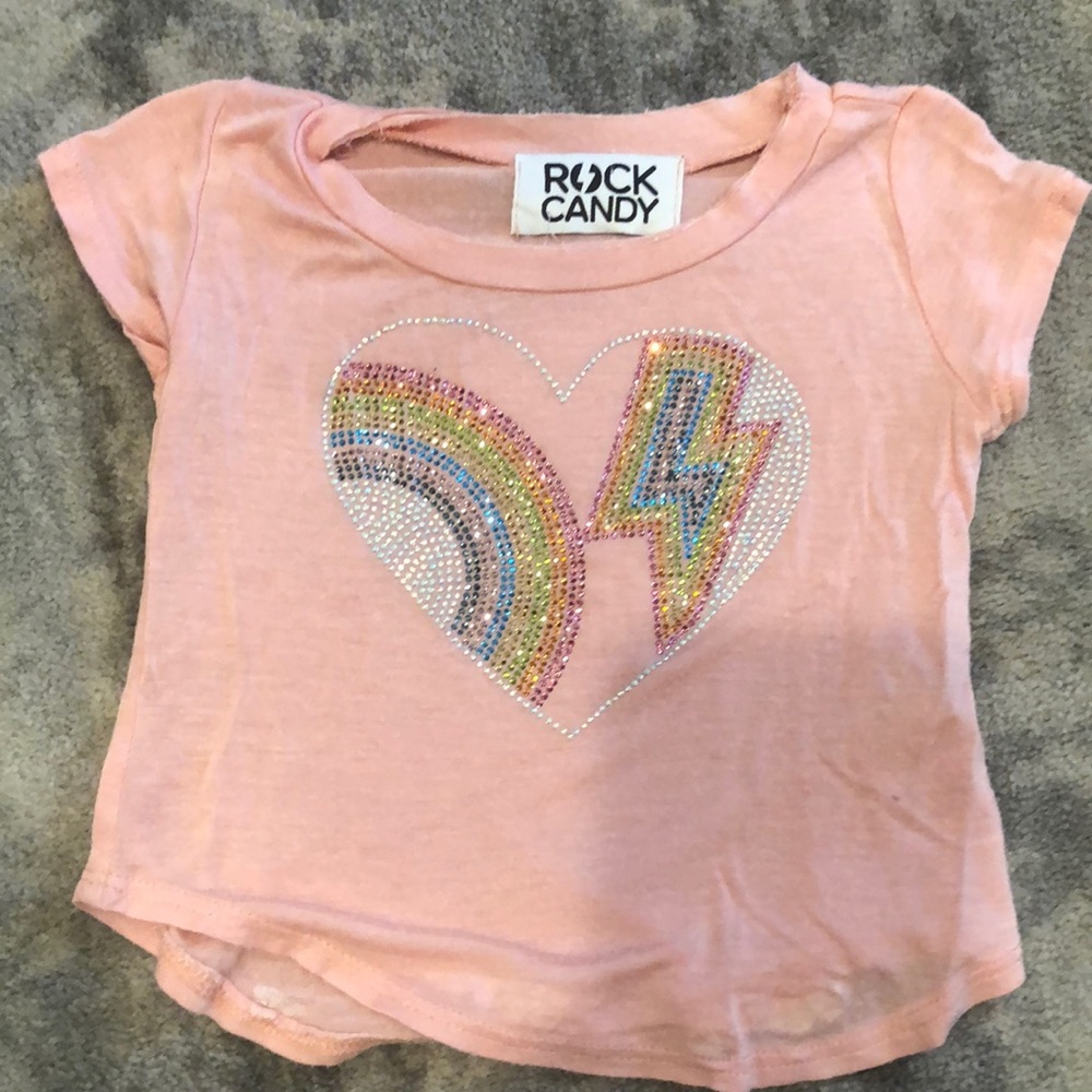 Rock candy super soft pink shirt with rainbow/lightening bolt heart